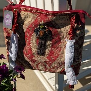 SHARIF Tapestry w/Genuine Stone & Chain Tassel Handbag Tote Purse, NWT!!!Unique!